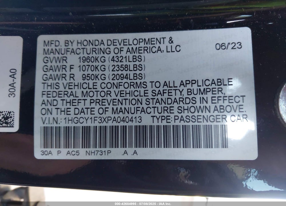 2023 HONDA ACCORD VIN: 1HGCY1F3XPA040413