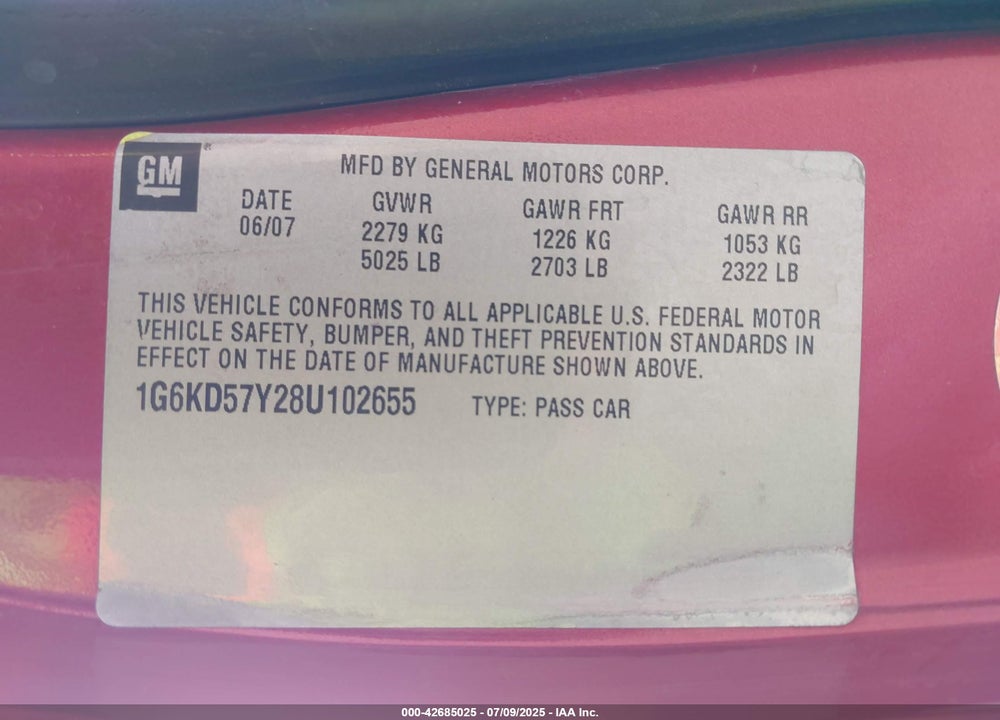 2008 CADILLAC DTS VIN: 1G6KD57Y28U102655