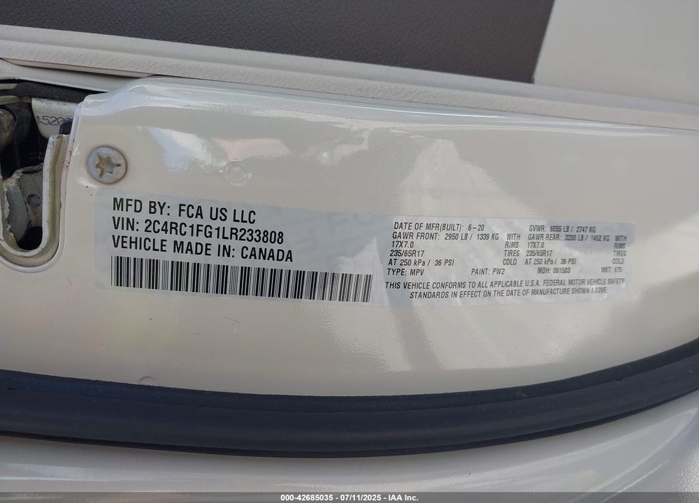 2020 CHRYSLER PACIFICA TOURING VIN: 2C4RC1FG1LR233808