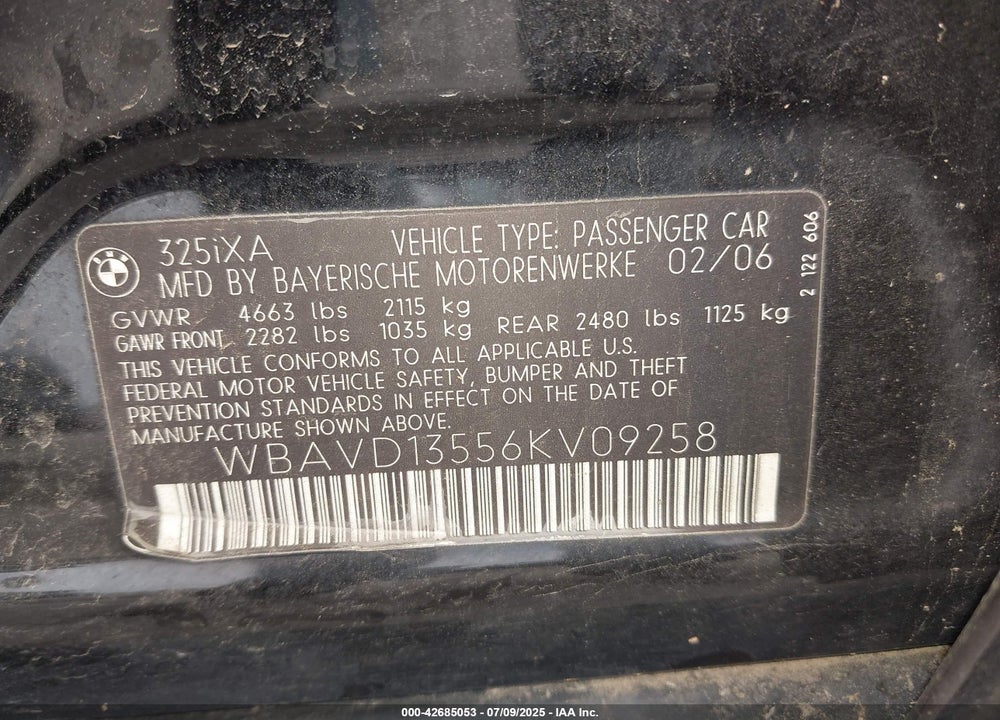 2006 BMW 325 VIN: WBAVD13556KV09258
