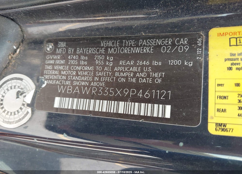 2009 BMW 328I VIN: WBAWR335X9P461121