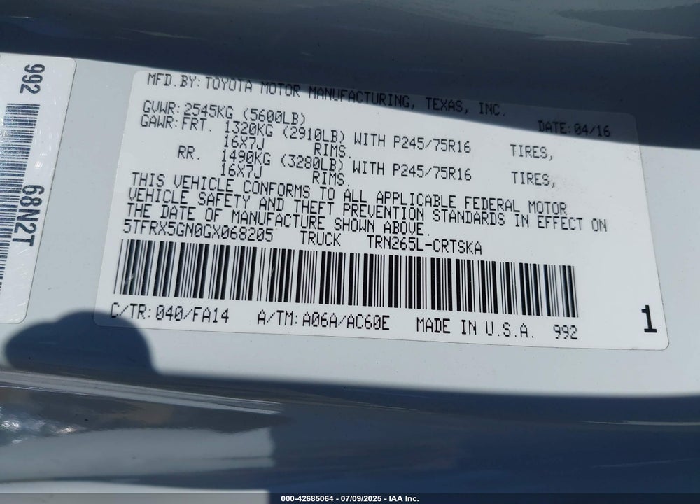 2016 TOYOTA TACOMA VIN: 5TFRX5GN0GX068205