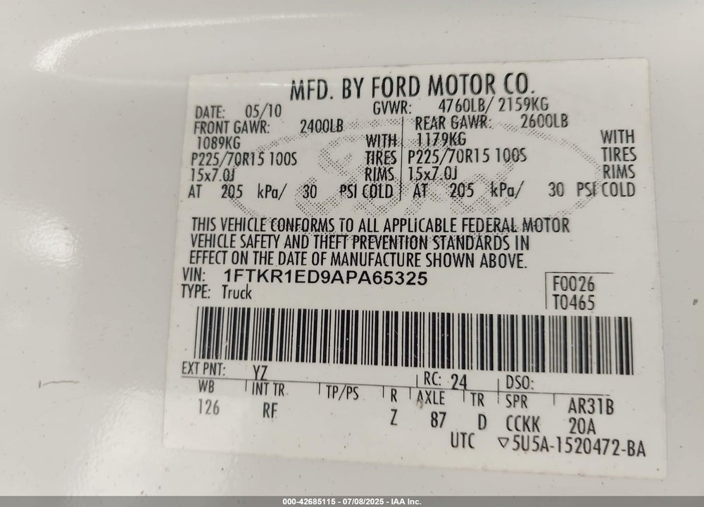 2010 FORD RANGER VIN: 1FTKR1ED9APA65325