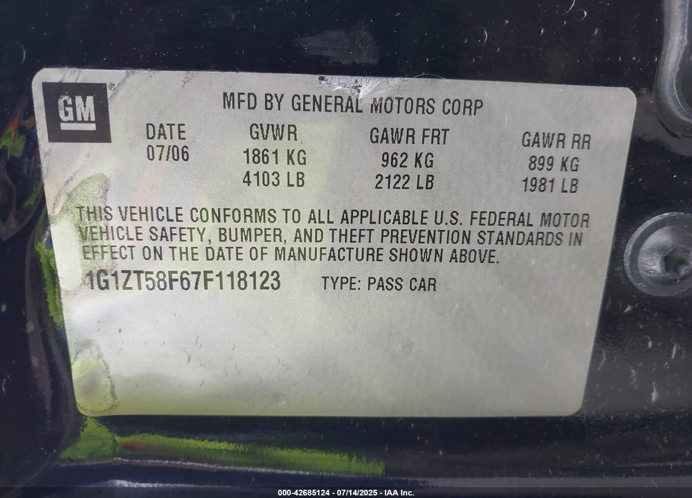2007 CHEVROLET MALIBU VIN: 1G1ZT58F67F118123
