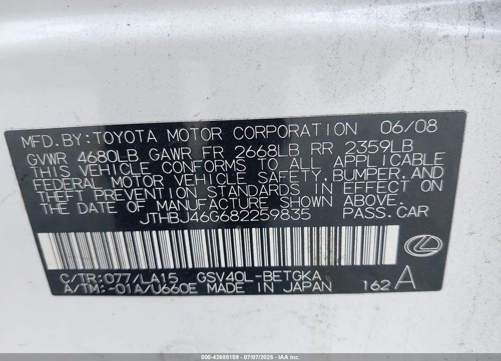 2008 LEXUS ES 350 VIN: JTHBJ46G682259835