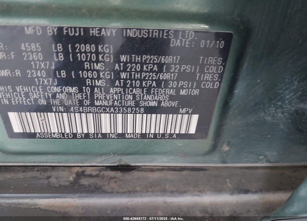 2010 SUBARU OUTBACK VIN: 4S4BRBGCXA3358258