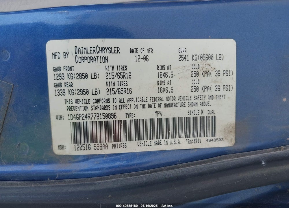 2007 DODGE GRAND CARAVAN VIN: 1D4GP24R77B150896