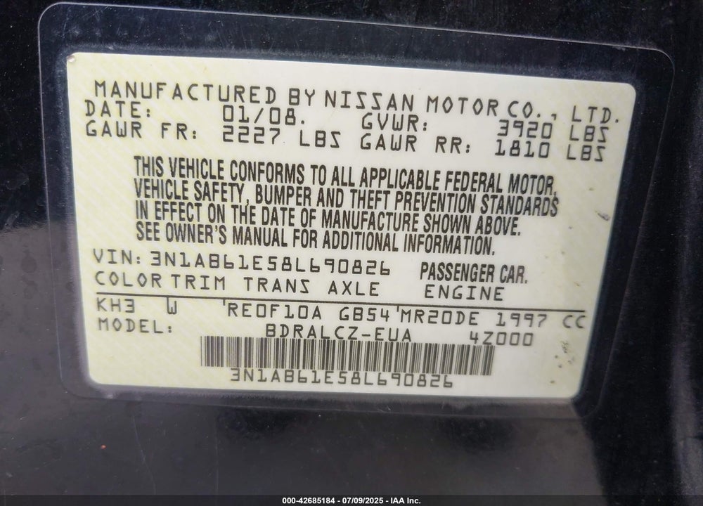 2008 NISSAN SENTRA VIN: 3N1AB61E58L690826