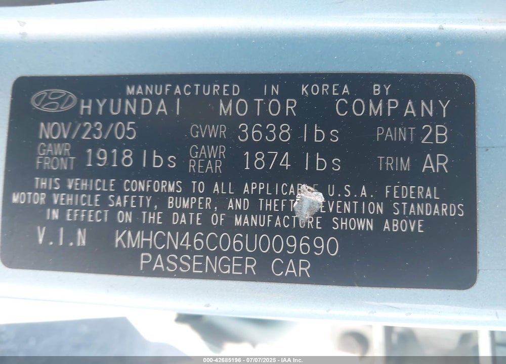 2006 HYUNDAI ACCENT VIN: KMHCN46C06U009690