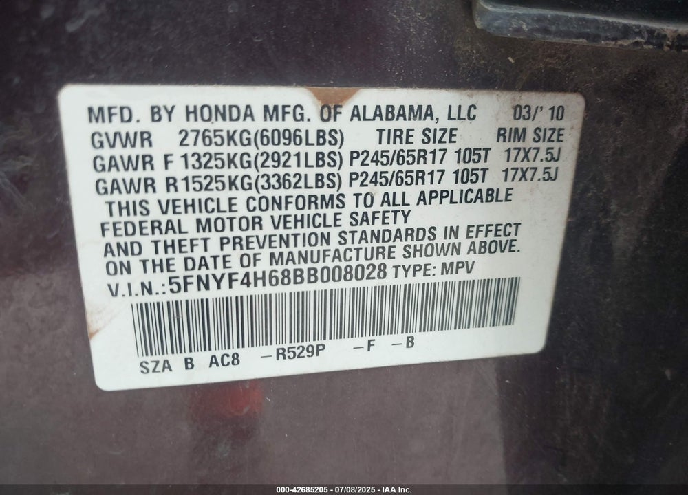 2011 HONDA PILOT EX-L VIN: 5FNYF4H68BB008028
