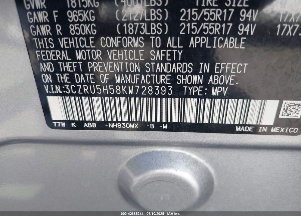2019 HONDA HR-V EX VIN: 3CZRU5H58KM728393