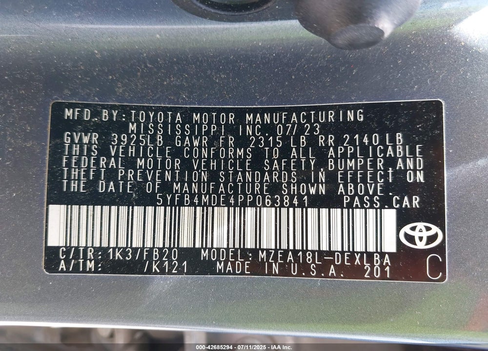 2023 TOYOTA COROLLA VIN: 5YFB4MDE4PP063841