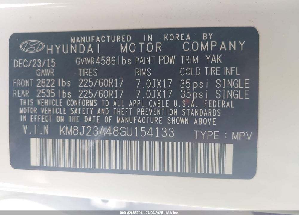 2016 HYUNDAI TUCSON VIN: KM8J23A48GU154133