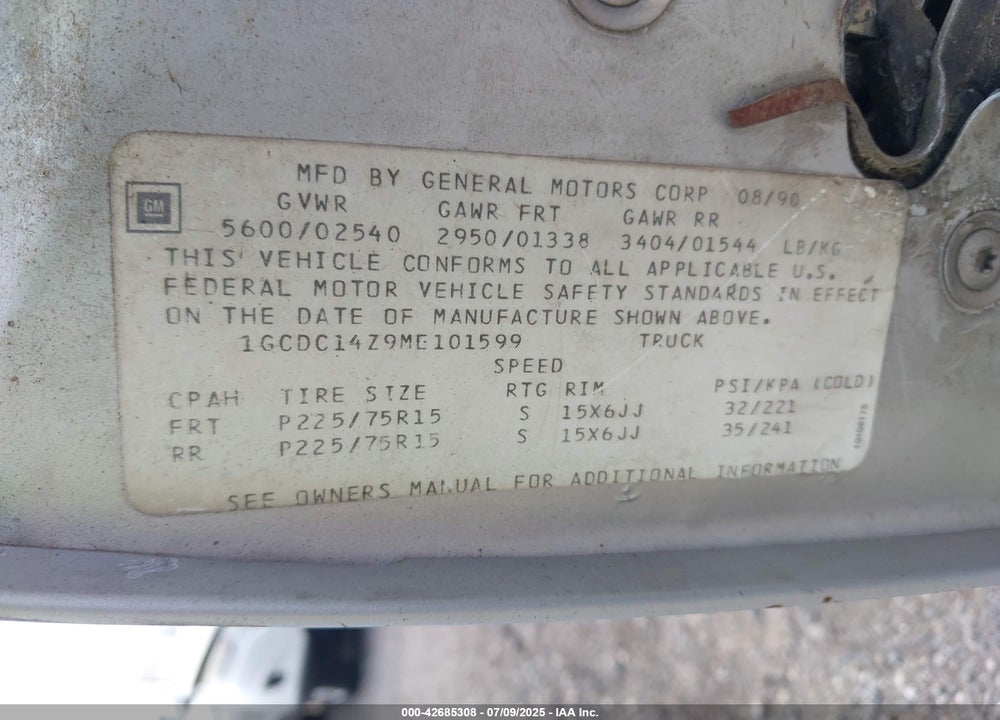 1991 CHEVROLET GMT-400 C1500 VIN: 1GCDC14Z9ME101599