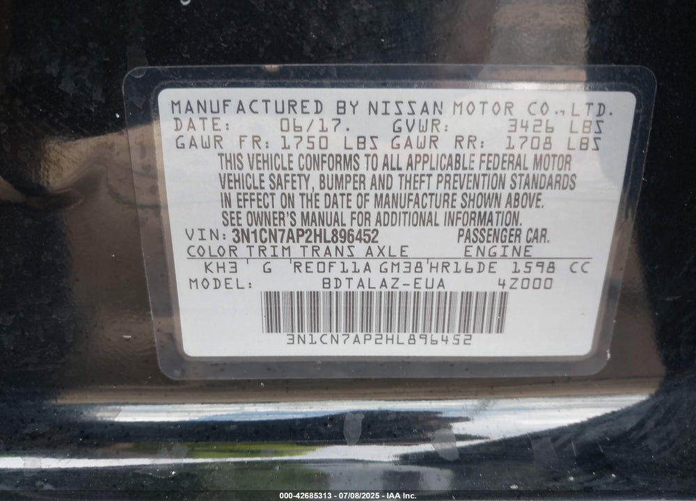 2017 NISSAN VERSA VIN: 3N1CN7AP2HL896452
