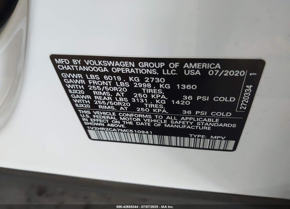 2021 VOLKSWAGEN ATLAS VIN: 1V2HR2CA7MC510941