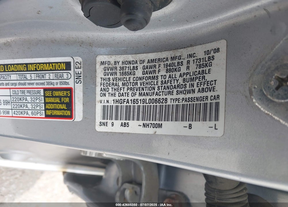 2009 HONDA CIVIC VIN: 1HGFA16519L006628
