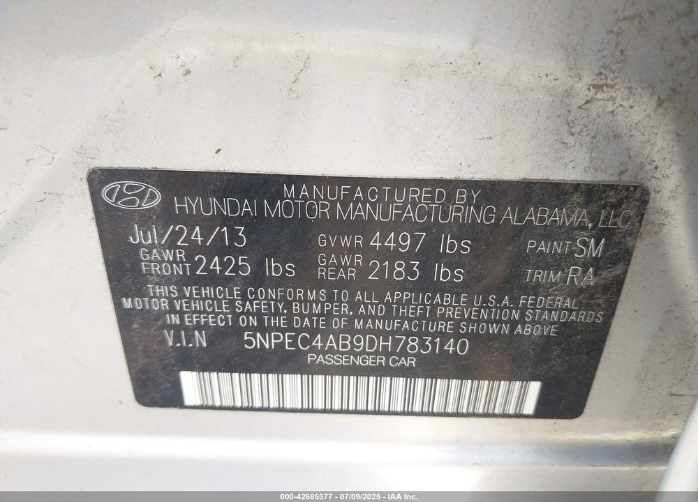 2013 HYUNDAI SONATA SE 2.0T VIN: 5NPEC4AB9DH783140