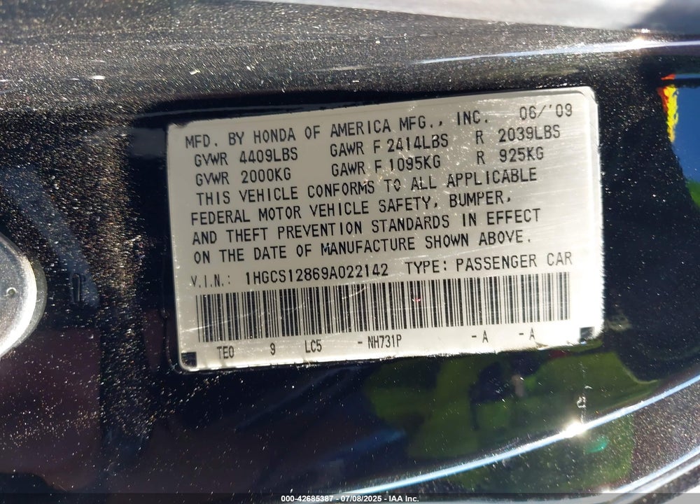 2009 HONDA ACCORD VIN: 1HGCS12869A022142