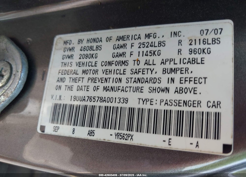 2008 ACURA TL VIN: 19UUA76578A001339