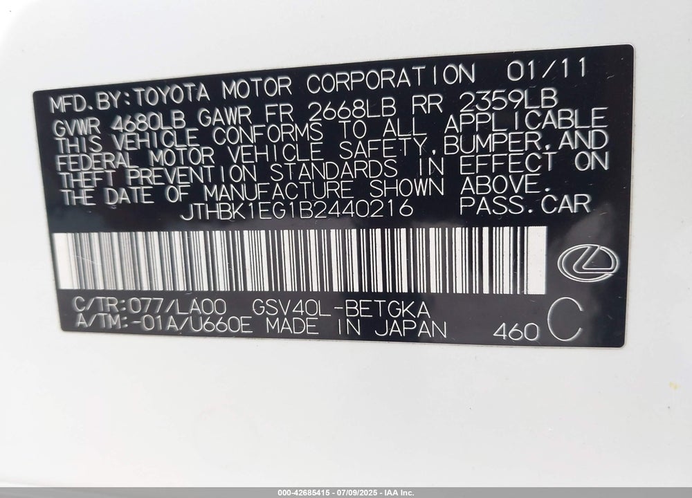 2011 LEXUS ES350 VIN: JTHBK1EG1B2440216