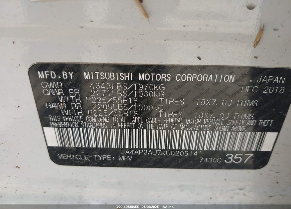 2019 MITSUBISHI OUTLANDER SPORT VIN: JA4AP3AU7KU020514