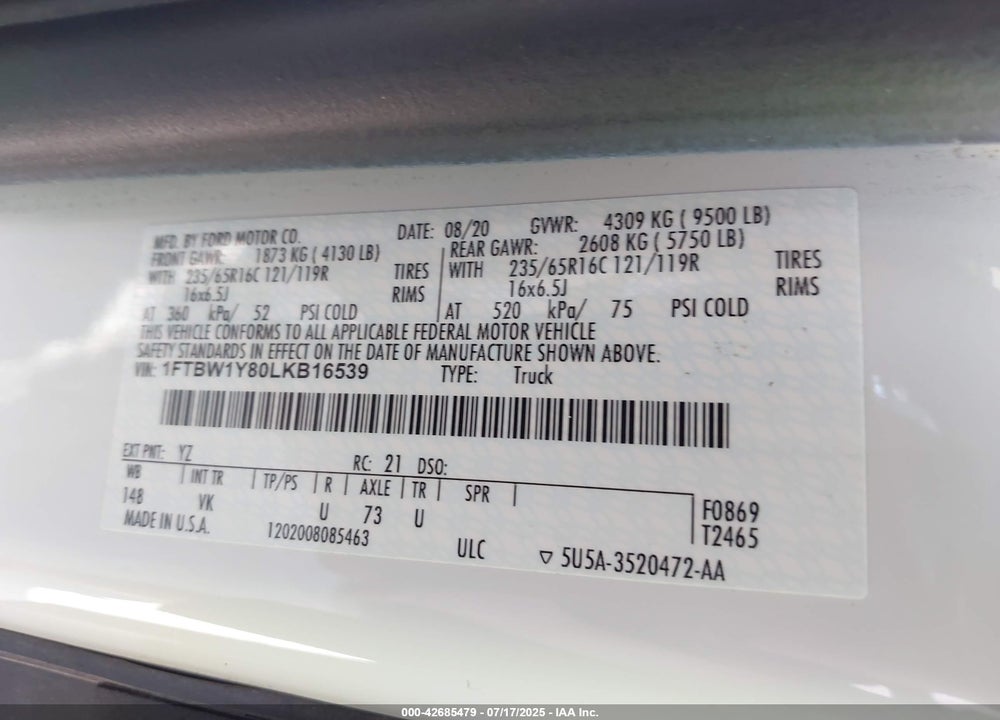 2020 FORD TRANSIT-350 VIN: 1FTBW1Y80LKB16539