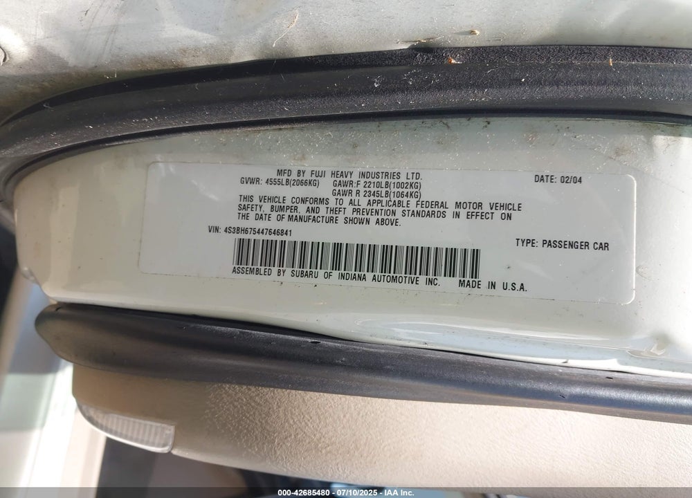 2004 SUBARU OUTBACK VIN: 4S3BH675447646841