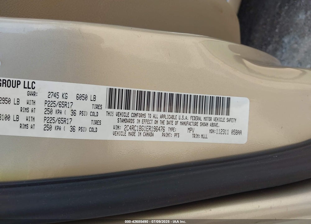 2014 CHRYSLER TOWN & COUNTRY TOURING VIN: 2C4RC1BG1ER196476