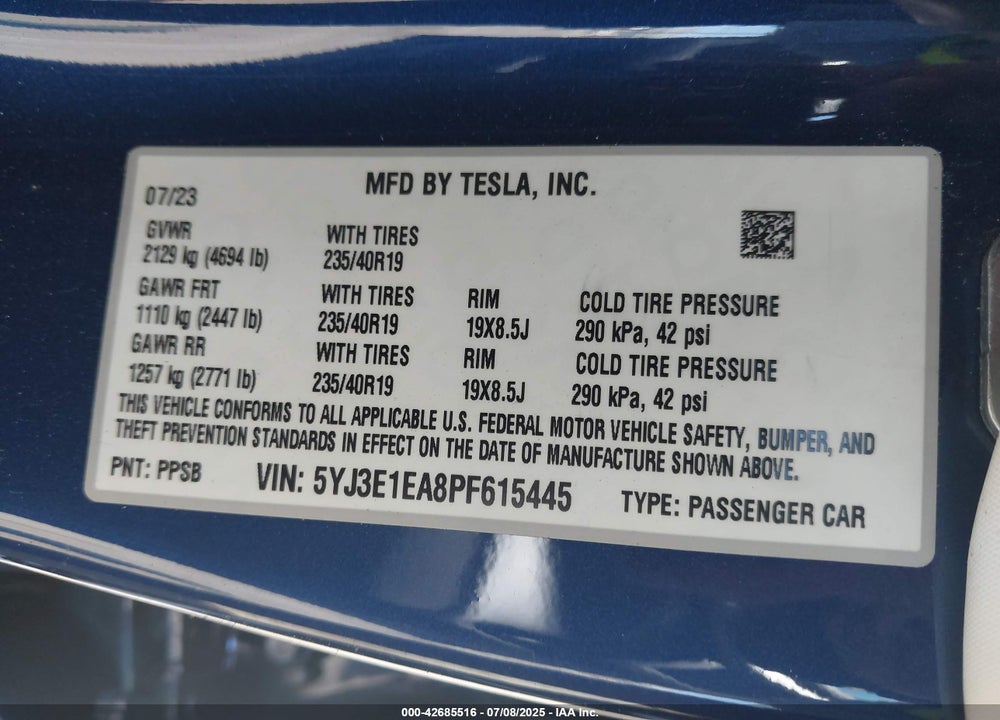 2023 TESLA MODEL 3 REAR-WHEEL DRIVE VIN: 5YJ3E1EA8PF615445
