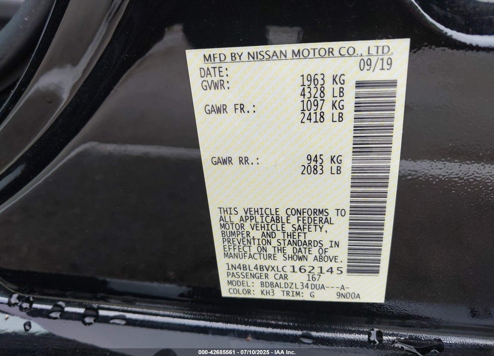 2020 NISSAN ALTIMA VIN: 1N4BL4BVXLC162145