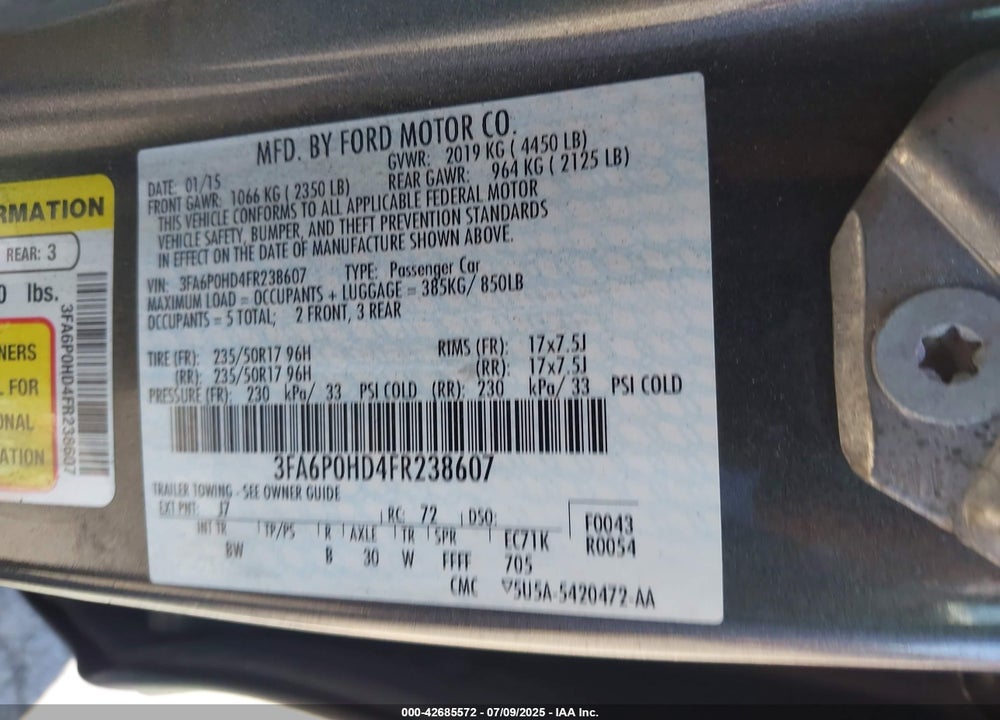 2015 FORD FUSION VIN: 3FA6P0HD4FR238607