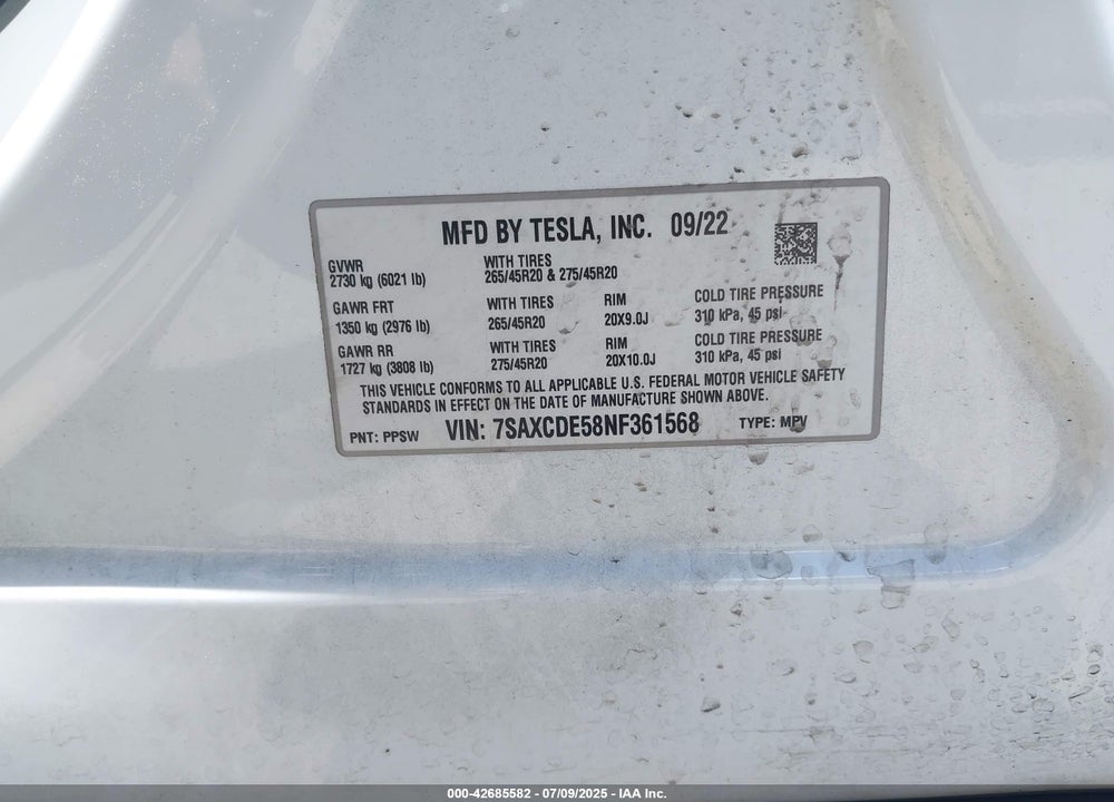 2022 TESLA MODEL X VIN: 7SAXCDE58NF361568