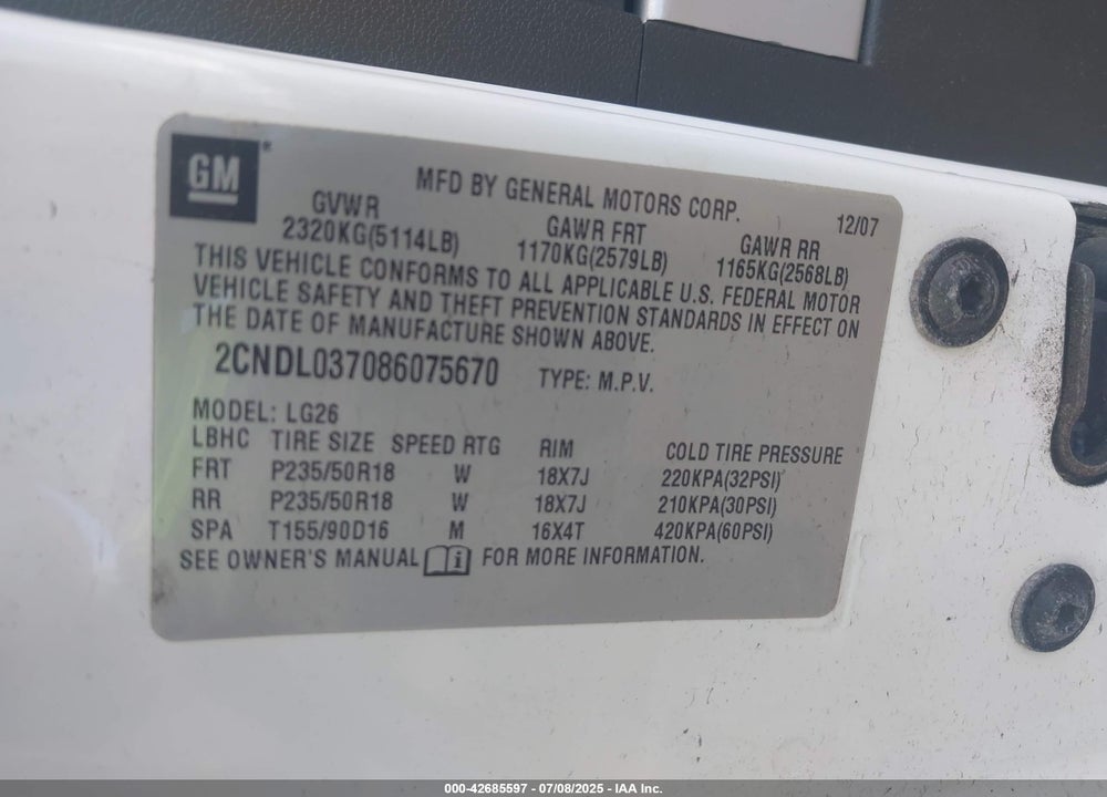 2008 CHEVROLET EQUINOX VIN: 2CNDL037086075670