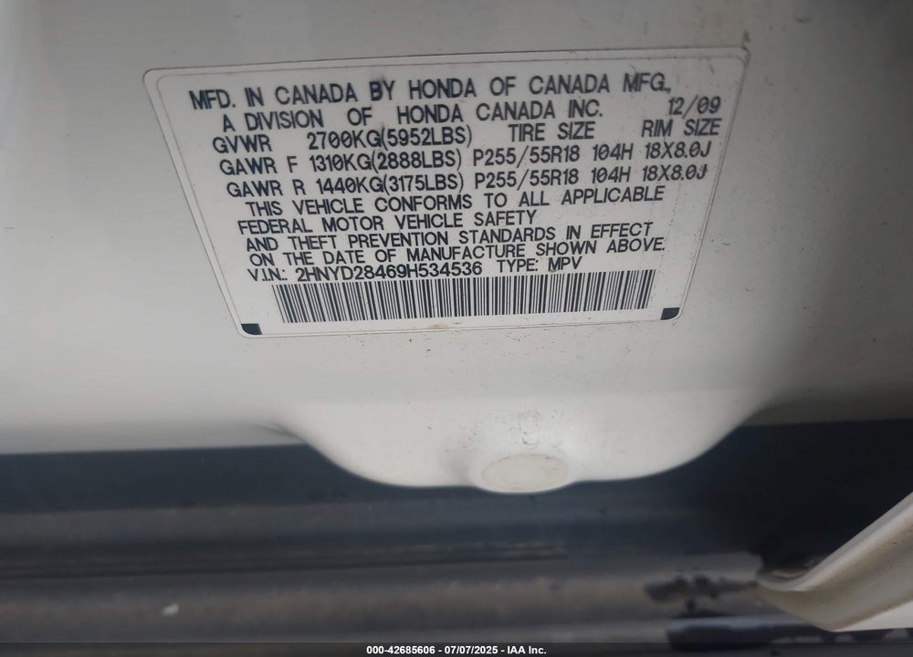 2009 ACURA MDX VIN: 2HNYD28469H534536