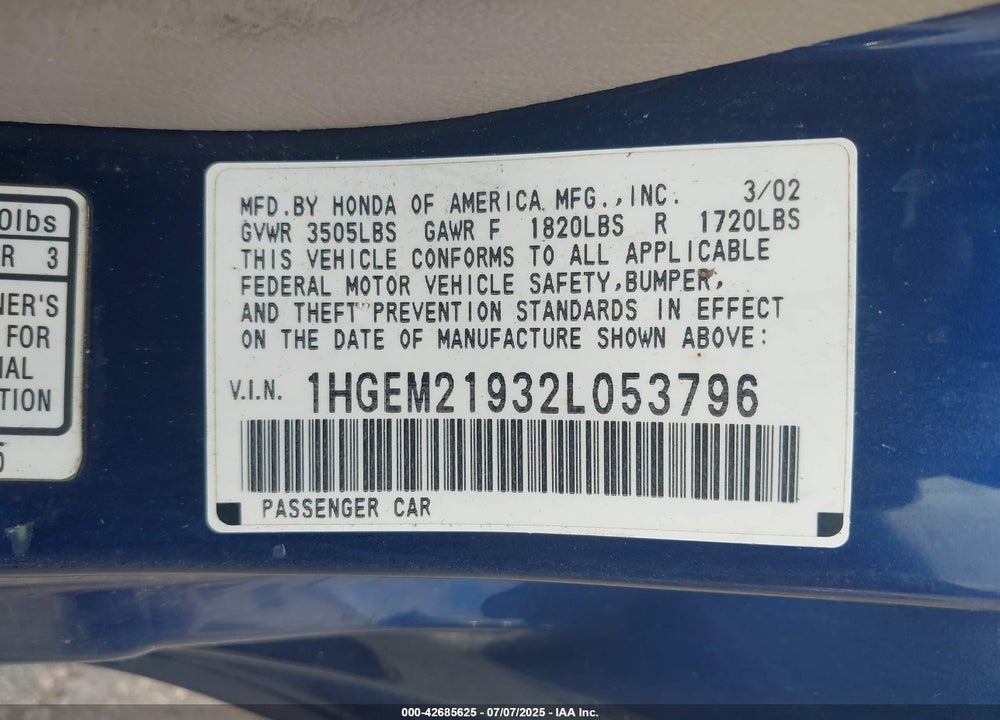 2002 HONDA CIVIC EX VIN: 1HGEM21932L053796