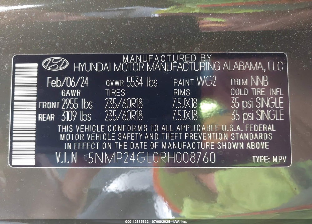 2024 HYUNDAI SANTA FE VIN: 5NMP24GL0RH008760