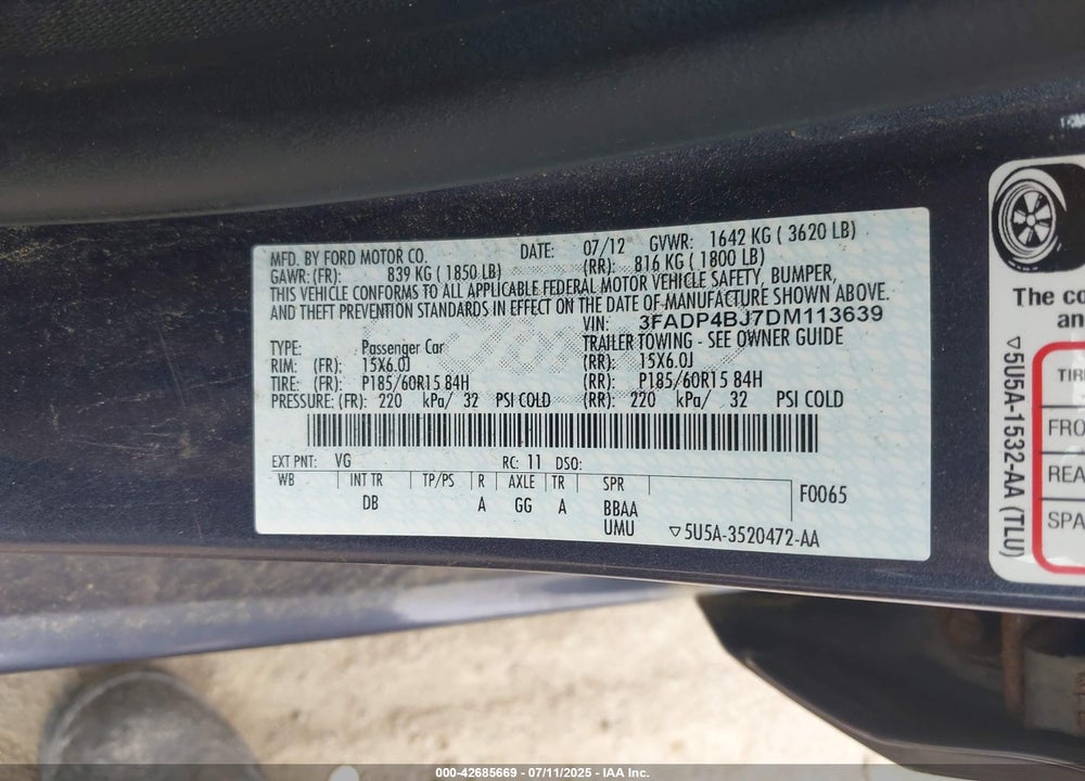 2013 FORD FIESTA VIN: 3FADP4BJ7DM113639