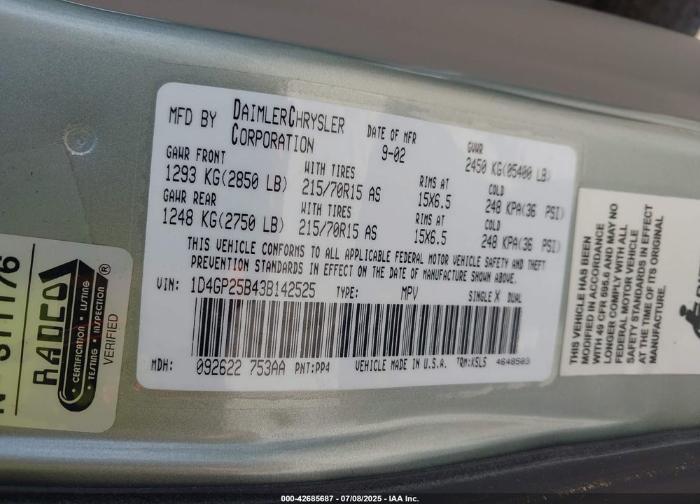 2003 DODGE CARAVAN SE VIN: 1D4GP25B43B142525