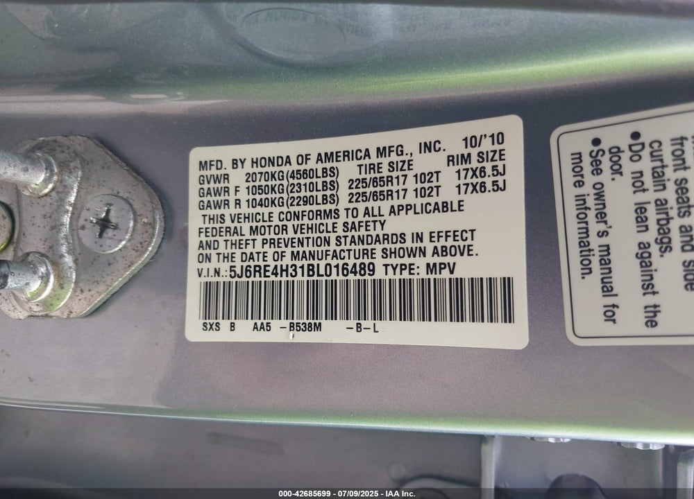 2011 HONDA CR-V VIN: 5J6RE4H31BL016489