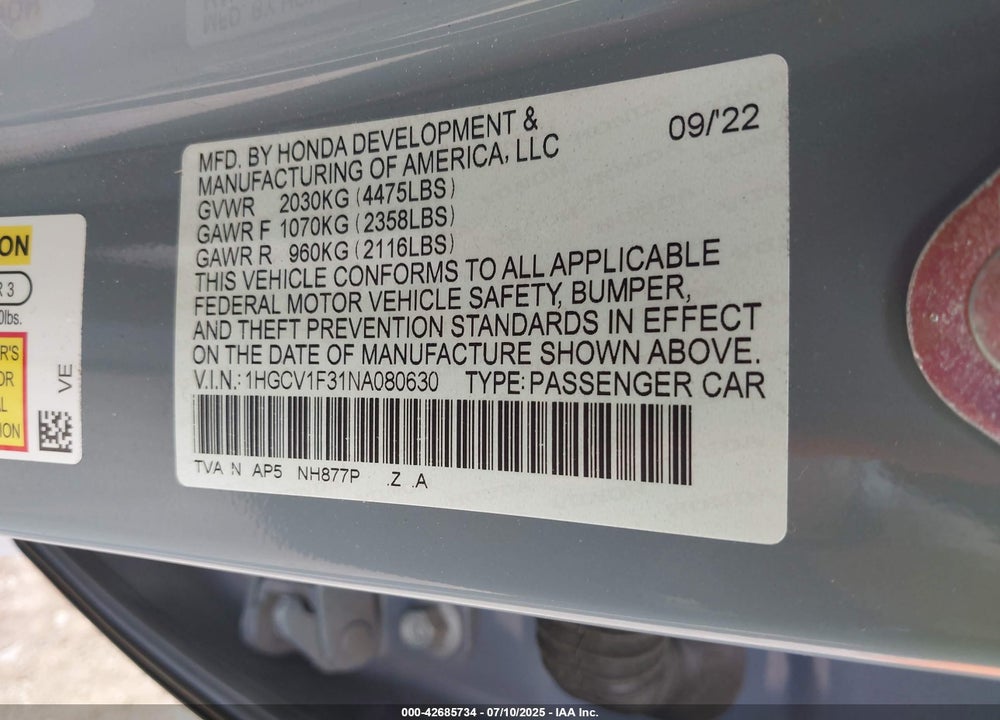 2022 HONDA ACCORD VIN: 1HGCV1F31NA080630