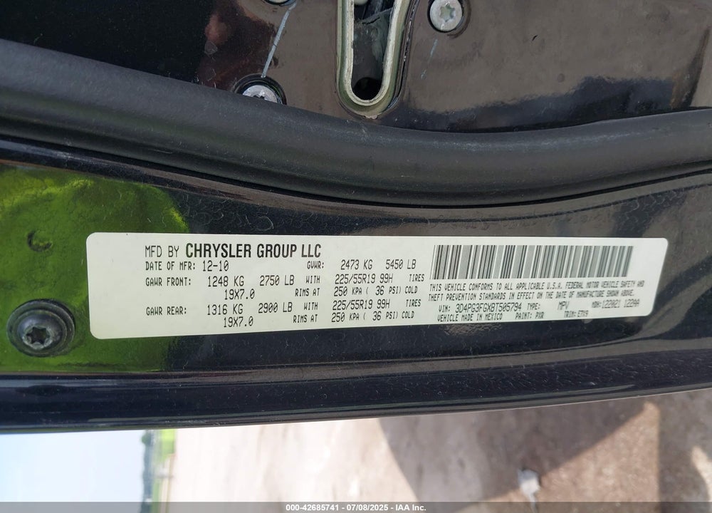 2011 DODGE JOURNEY VIN: 3D4PG3FGXBT505794
