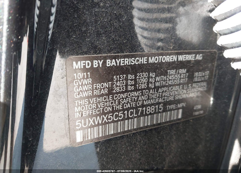 2012 BMW X3 VIN: 5UXWX5C51CL718815
