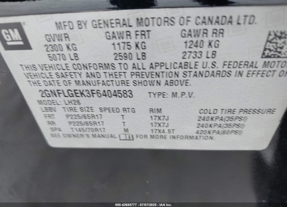 2015 CHEVROLET EQUINOX VIN: 2GNFLGEK3F6404583