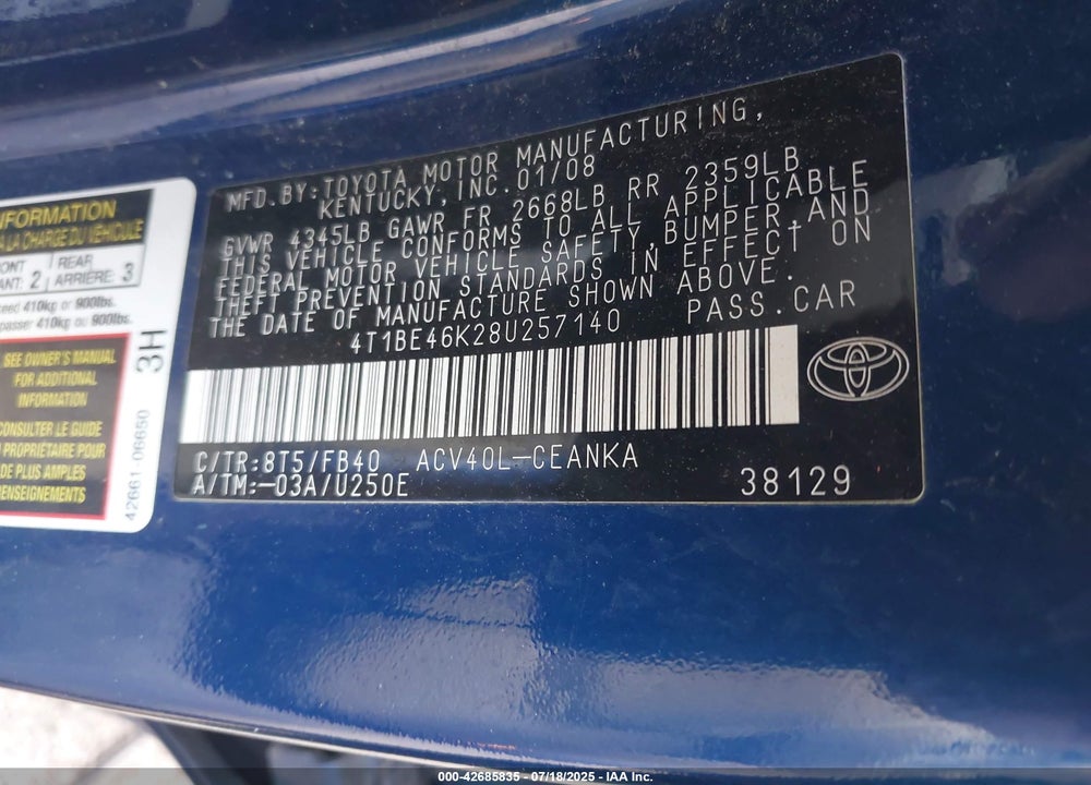 2008 TOYOTA CAMRY VIN: 4T1BE46K28U257140
