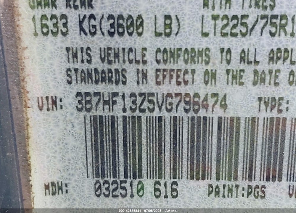 1997 DODGE RAM 1500 ST VIN: 3B7HF13Z5VG796474