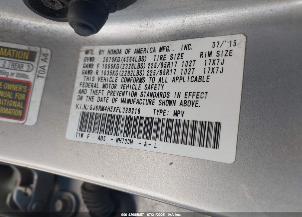 2015 HONDA CR-V EX VIN: 5J6RM4H5XFL098216