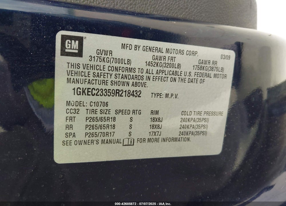 2009 GMC YUKON VIN: 1GKEC23359R218432