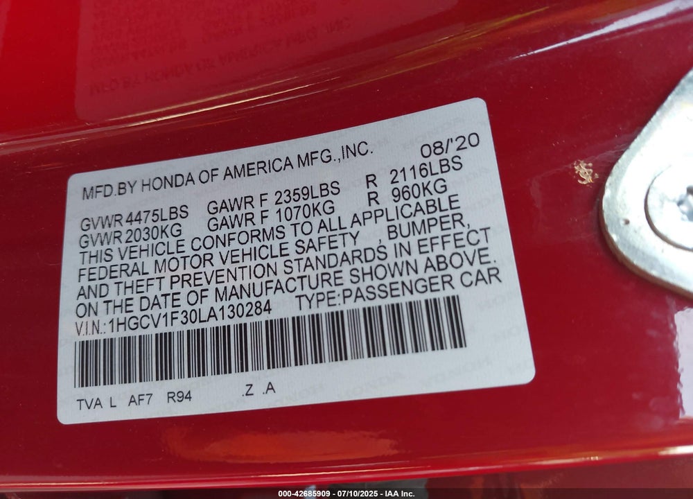 2020 HONDA ACCORD SPORT VIN: 1HGCV1F30LA130284