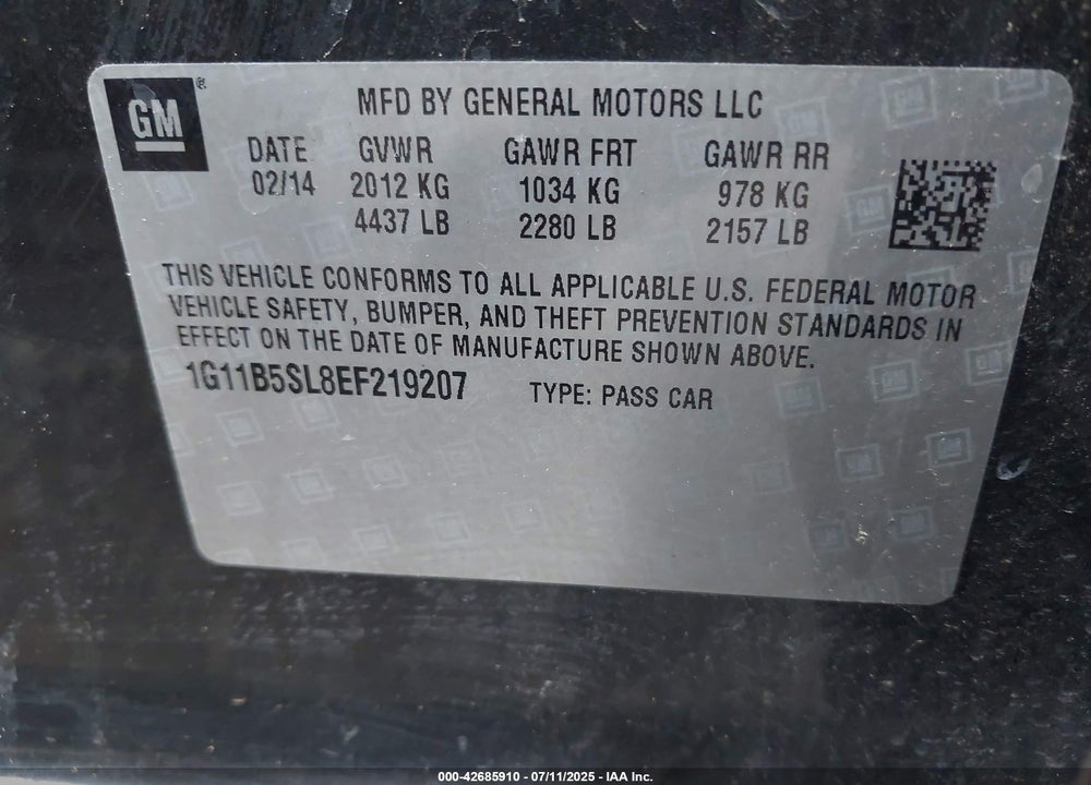 2014 CHEVROLET MALIBU VIN: 1G11B5SL8EF219207